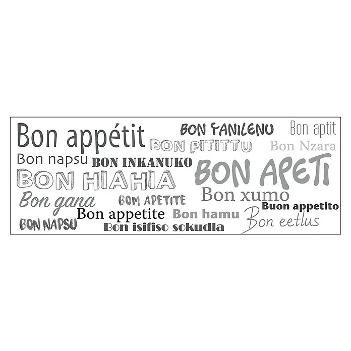 Vinilo de pared Bon Appetit - Plástico - Un collage con "Bon appétit" en varios idiomas y fuentes, que celebra la diversidad culinaria de forma decorativa.
