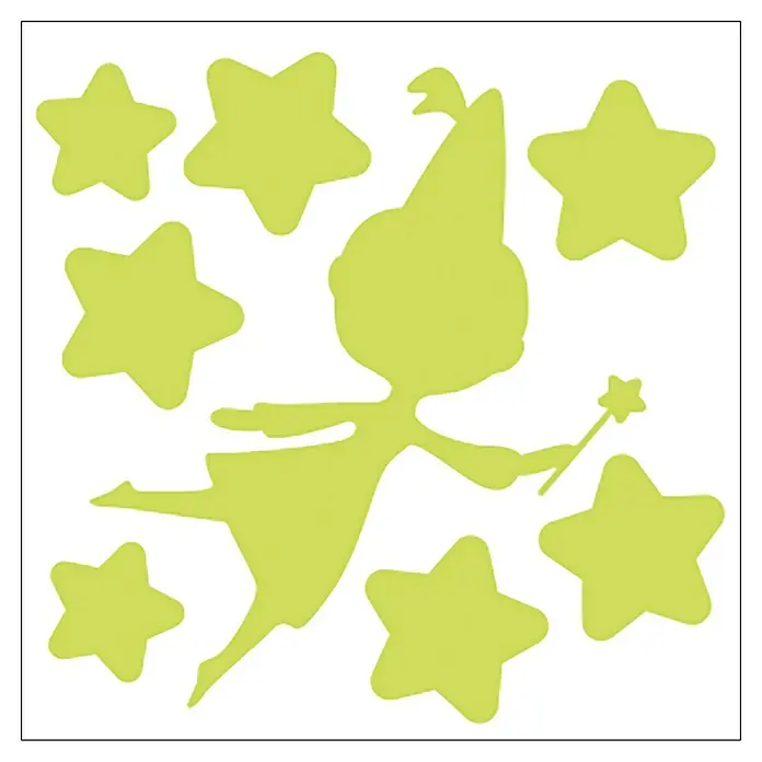 Vinilo de pared Hadas - Fluorescente, Plástico - Una colección de adhesivos de pared con un hada con una varita y varias estrellas en un color verde amarillento brillante. Perfecto para la decoración de habitaciones infantiles.