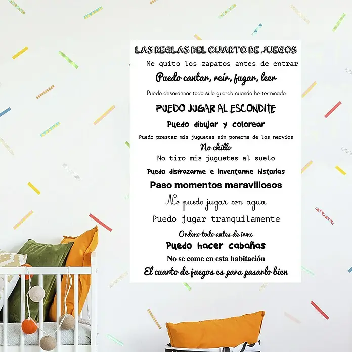 Vinilo de pared Juegos - 48 x 68 cm, Plástico - Un póster para habitación infantil con reglas de juego en letra divertida, fomentando la creatividad y el orden en la zona de juego.