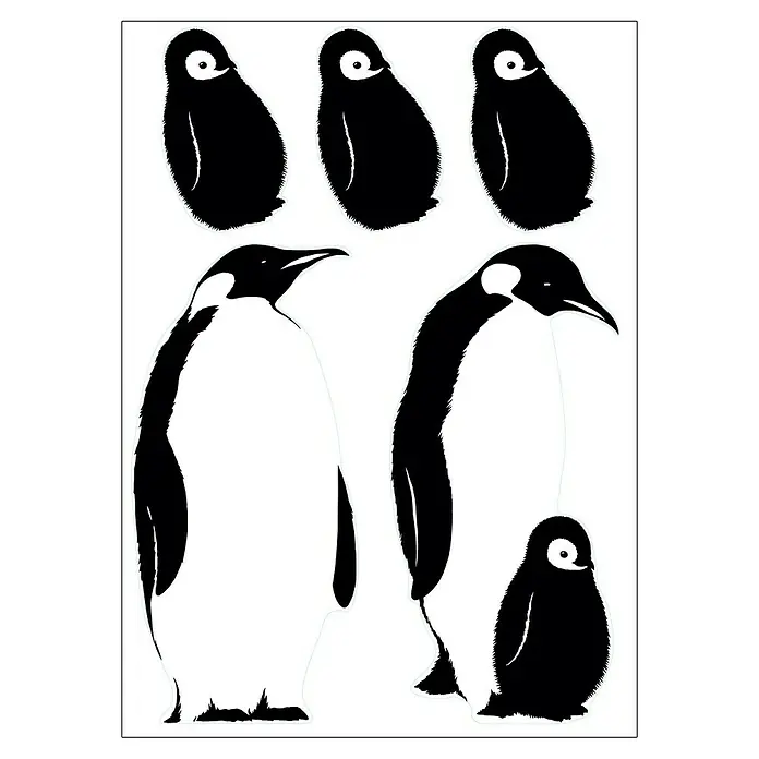 Vinilo de pared Pingüinos - 48 x 68 cm, Plástico - Ilustración con dos pingüinos adultos y cuatro crías de pingüino en blanco y negro. Los pingüinos están estilizados y detallados.