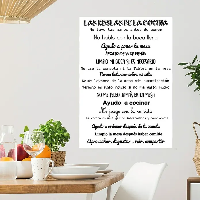 Adhesivos decorativos Reglas de la cocina - 68 x 48 cm - Póster de reglas de cocina: Una elegante decoración de pared con consejos y reglas para comer y cocinar juntos de forma armoniosa.