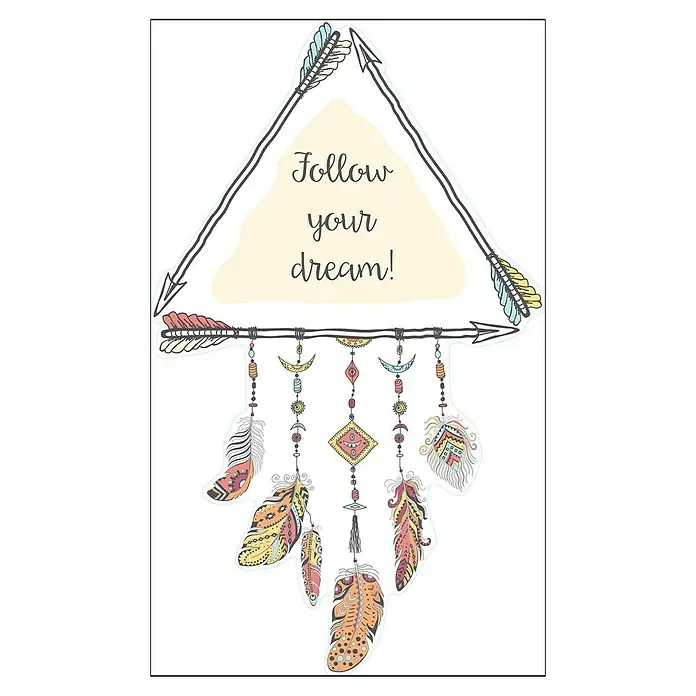 Vinilo de pared Sueño - 48 x 68 cm, Plástico - Diseño atrapasueños con flechas y plumas, que transmite un mensaje inspirador "¡Sigue tu sueño!". Un elemento decorativo con un ambiente positivo.