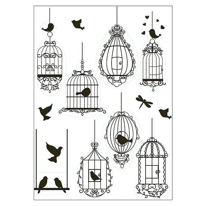 Vinilo de pared Pájaro - 48 x 68 cm, Plástico - Ilustración vectorial negra con varias jaulas y pájaros, ideal para proyectos de decoración y manualidades.