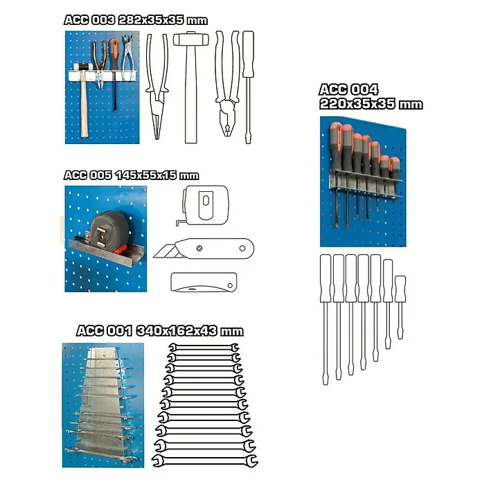 Simonrack Panelclick Lochwandhaken-Set - 4 -tlg. - Eine Werkzeugwand mit verschiedenen Werkzeugen wie Schraubenziehern, Zangen, Hämmern, Messern und Schraubenschlüsseln.