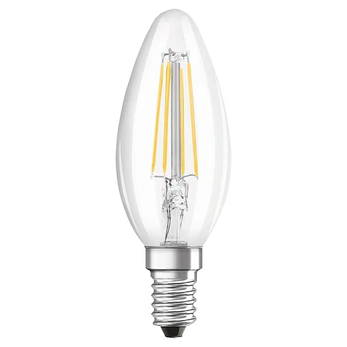 Voltolux LED-Lampe Kerzeform E14 klar - E14, Nicht Dimmbar, Warmweiß, 470 lm, 4 W, Kerze - Nahaufnahme einer klaren LED-Filament-Glühbirne im Kerzenstil mit silbernem Sockel, die sich auf einem weißen Hintergrund abhebt.