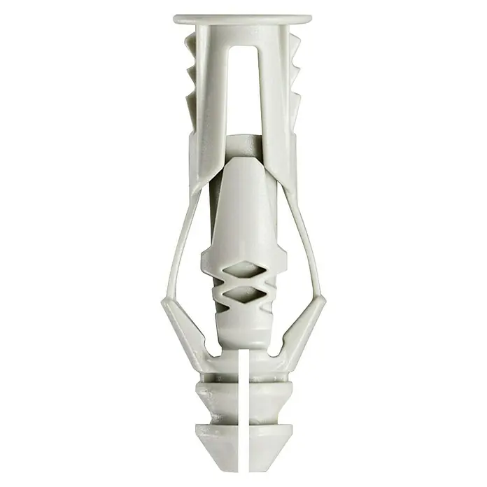 Cobra Universaldübel Triple Grip - Polyethylen, 8 Stk., Mit Rand - Nahaufnahme eines Gipskartondübel aus Kunststoff in neutralem Grau, ideal für sichere Befestigungen in Trockenbauwänden, sorgt für zuverlässigen Halt.