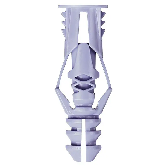 Cobra Universaldübel Triple Grip 172RE - Polyethylen, 8 Stk., Mit Rand - Nahaufnahme einer lila Trockenbauwandanker aus Kunststoff für eine sichere und zuverlässige Befestigung in Gipskartonplatten.
