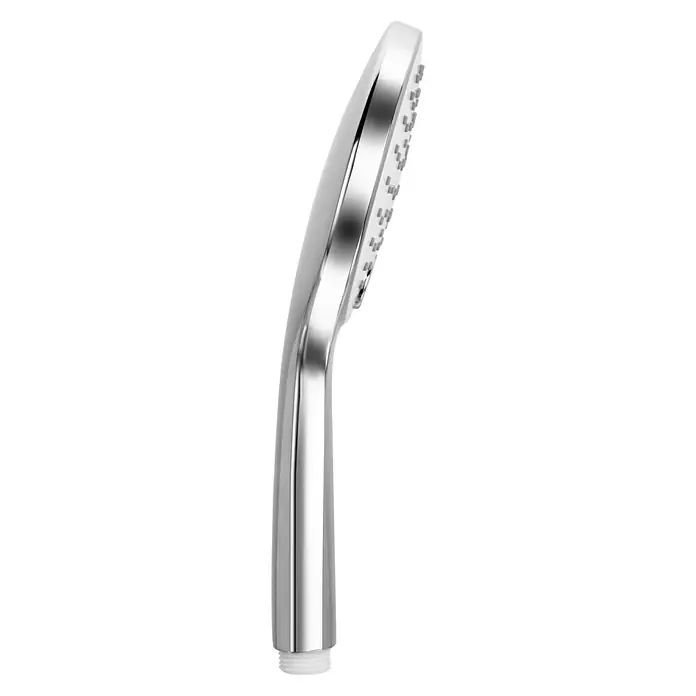 Camargue Handbrause Gratl - Anzahl Funktionen: 3 Stk., Weiß/Chrom - Nahaufnahme eines verchromten Duschkopfs. Das schlanke Design und die glänzende Oberfläche machen ihn zu einem eleganten Badezimmeraccessoire.