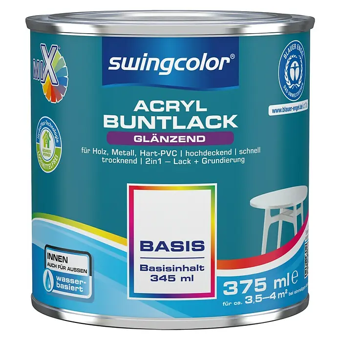 swingcolor Mix Buntlack Acryl zum Mischen lassen - Basismischfarbe 1, Glänzend, 375 ml, Wasserbasiert - Dose Swingcolor Acryl Buntlack glänzend: Vielseitige, lösemittelfreie Farbe für Holz, Metall & Hart-PVC, ideal für Innen- und Außenbereiche.