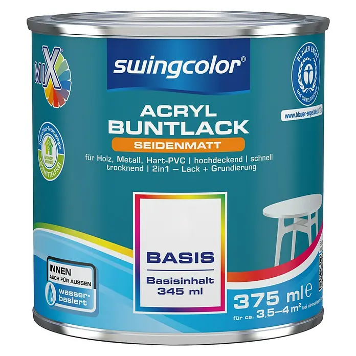 swingcolor Mix Buntlack Acryl zum Mischen lassen - Basismischfarbe 4, Seidenmatt, 375 ml, Wasserbasiert - Farbdose Swingcolor Acryl Buntlack seidenmatt, geeignet für Holz, Metall und Hart-PVC. Schnelltrocknend und 2in1 Lack + Grundierung mit 345ml Basisinhalt.