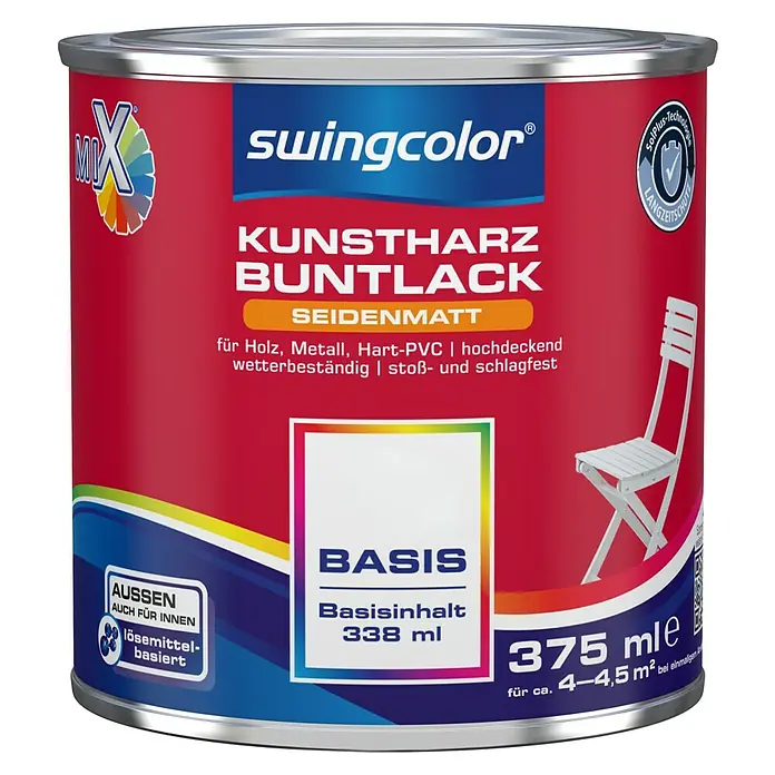 swingcolor Mix Buntlack Kunstharz für Außen zum Mischen lassen - Basismischfarbe 3, Seidenmatt, 375 ml, Lösemittelbasiert - Farbdose Swingcolor Kunstharz Buntlack seidenmatt, 375 ml Inhalt, geeignet für Holz, Metall und Hart-PVC, für Innen- und Aussenbereiche.