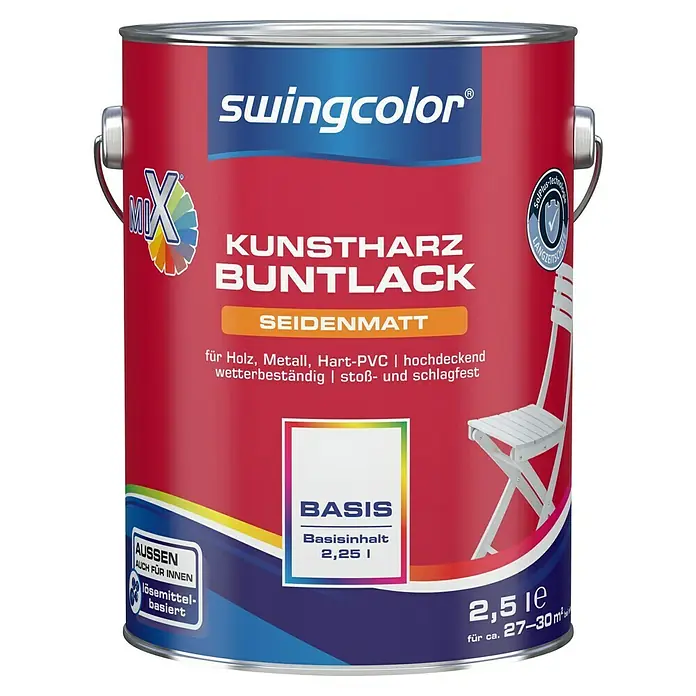 swingcolor Mix Buntlack Kunstharz für Außen zum Mischen lassen - Basismischfarbe 1, Seidenmatt, 2,5 l, Lösemittelbasiert - Dose Kunstharz Buntlack Seidenmatt von Swingcolor für Holz, Metall und Hart-PVC, wetterbeständig, stoß- und schlagfest.