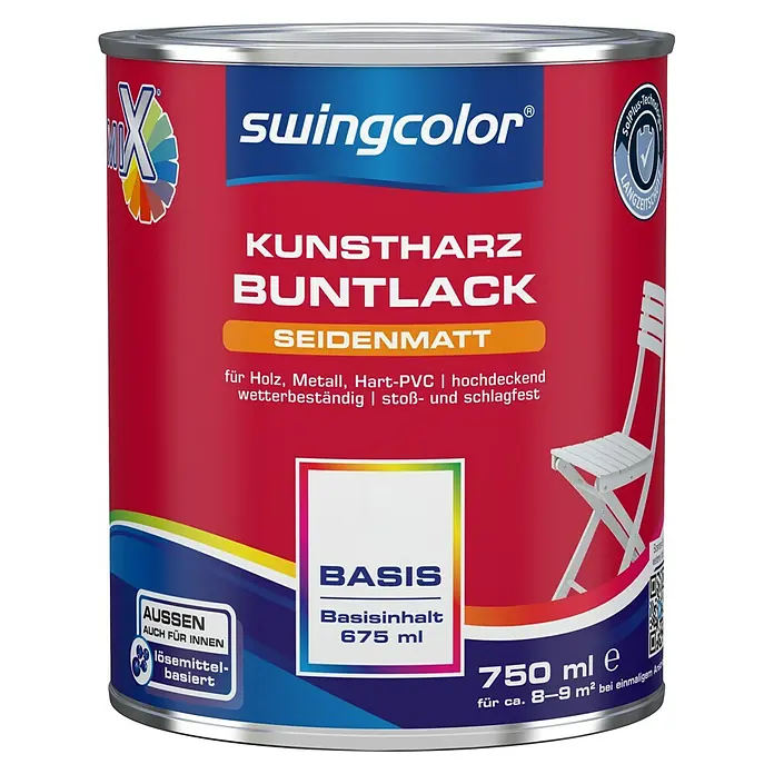 swingcolor Mix Buntlack Kunstharz für Außen zum Mischen lassen - Basismischfarbe 1, Seidenmatt, 750 ml, Lösemittelbasiert - Farbdose Kunstharz Buntlack Seidenmatt von Swingcolor für Holz, Metall und Hart-PVC. Wetterbeständig und stoßfest, Inhalt 750 ml.
