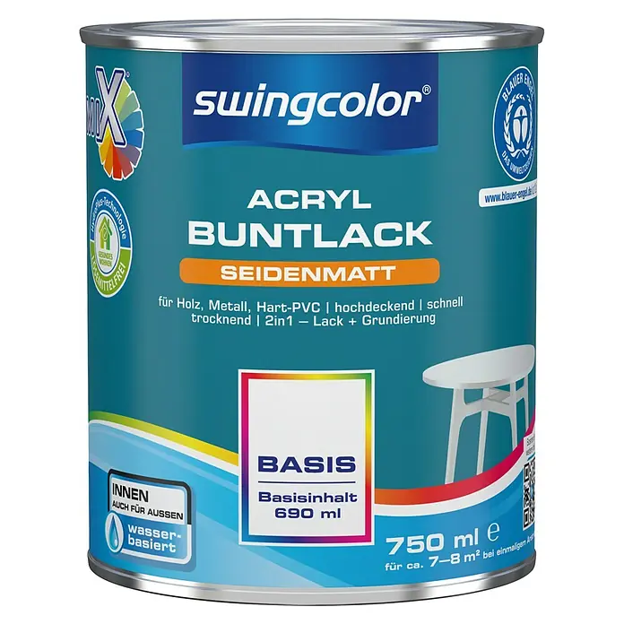 swingcolor Mix Buntlack Acryl zum Mischen lassen - Basismischfarbe 4, Seidenmatt, 750 ml, Wasserbasiert - Dose Acryl Buntlack der Marke Swingcolor in blau, seidenmatt. Geeignet für Holz, Metall und Hart-PVC. Inhalt: 750ml.