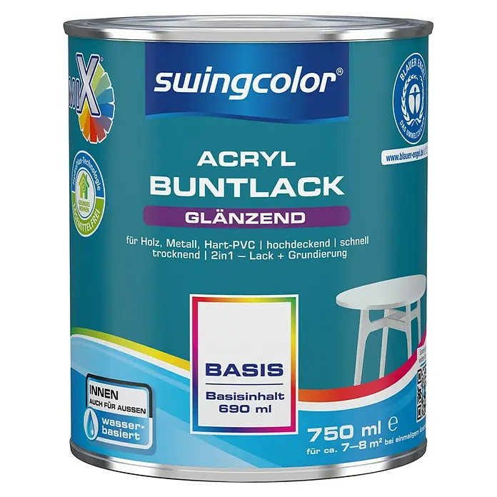 swingcolor Mix Buntlack Acryl zum Mischen lassen - Basismischfarbe 1, Glänzend, 750 ml, Wasserbasiert - Farbdose Swingcolor Acryl Buntlack glänzend, 750 ml, geeignet für Holz, Metall, Hart-PVC. Schnelltrocknend und ideal für Innen- und Aussenbereiche.