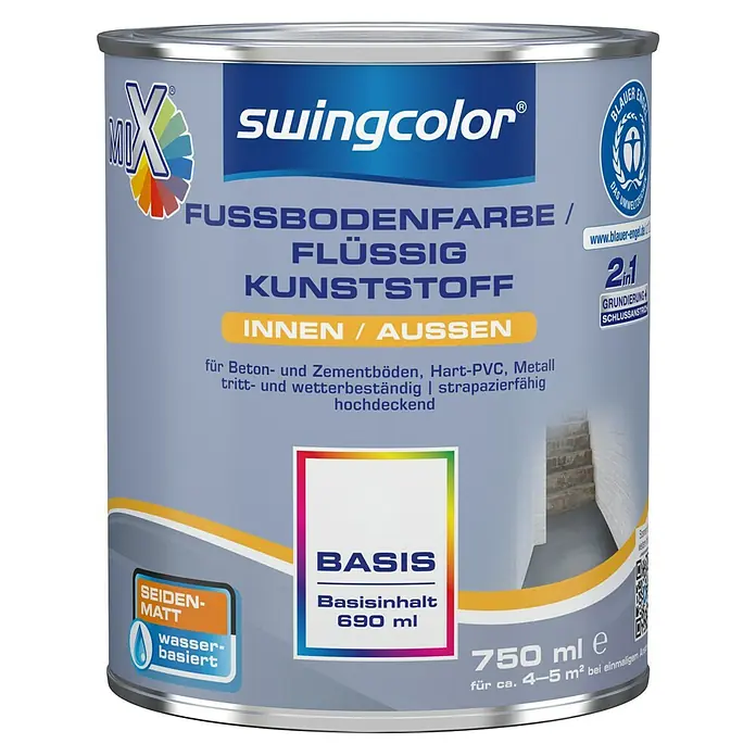 swingcolor Mix Fußbodenfarbe / Flüssig Kunststoff 2in1 zum Mischen lassen - Basismischfarbe 3, Seidenmatt, 750 ml, Wasserbasiert - Farbdose Swingcolor Flüssigkunststoff Bodenfarbe für Innen- und Aussenbereiche, 750 ml, Basisfarbe für Beton, Zement, Hart-PVC, Metall.