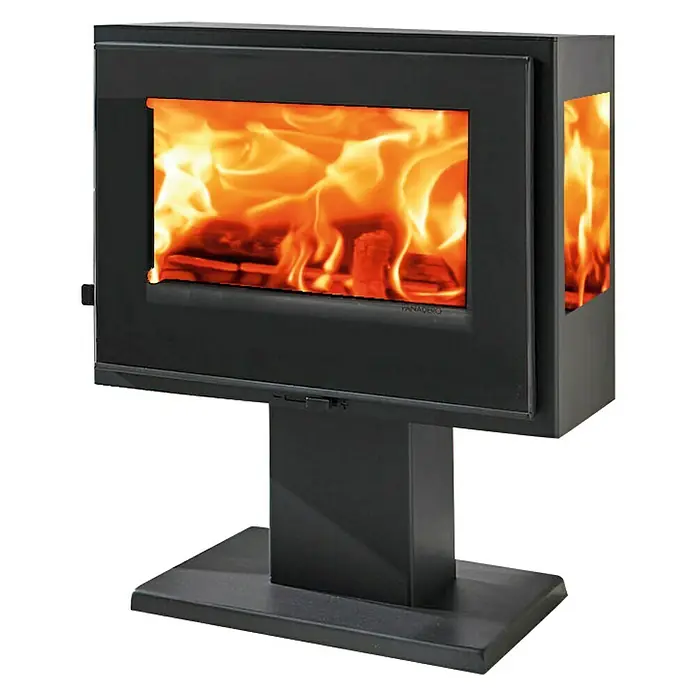 Panadero Kaminofen Atlantic 3V - 5,9 kW, Raumheizvermögen: 180 m³, Material Verkleidung: Stahl, Schwarz Metallic - Schwarzer Panadero Kaminofen mit prasselndem Feuer, ideal für gemütliche Wärme und stilvolles Ambiente in Ihrem Zuhause.