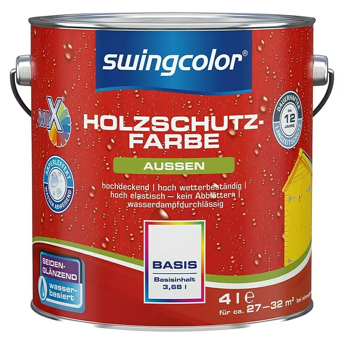 swingcolor Mix Holzschutzfarbe zum Mischen lassen - Basismischfarbe 1, 4 l, Seidenglänzend - Dose Swingcolor Holzschutzfarbe für den Außenbereich, seiden-glänzend und wasserbasiert mit 3,68l Inhalt.