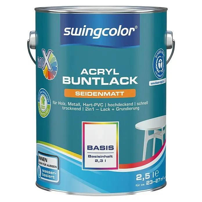 swingcolor Mix Buntlack Acryl zum Mischen lassen - Basismischfarbe 1, Seidenmatt, 2,5 l, Wasserbasiert - Farbdose Swingcolor Acryl Buntlack Seidenmatt, geeignet für Holz, Metall und Hart-PVC, ideal für Innen- und Außenbereiche.