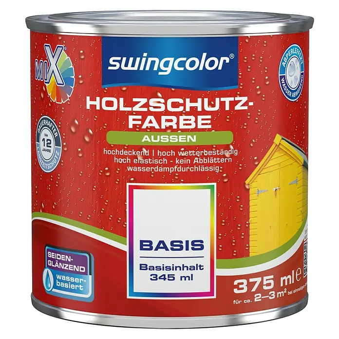 swingcolor Mix Holzschutzfarbe zum Mischen lassen - Basismischfarbe 1, 375 ml, Seidenglänzend - Farbdose Swingcolor Holzschutzfarbe Basis mit 375ml Inhalt, ideal für den Außenbereich, bietet langanhaltenden Schutz und ist wasserabweisend.