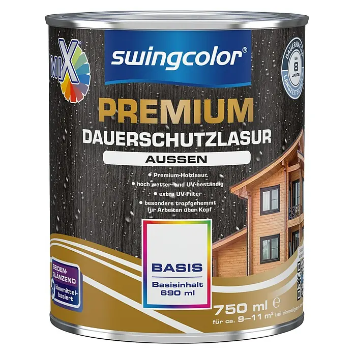 swingcolor Mix Dauerschutzlasur Premium zum Mischen lassen - Basismischfarbe 1, 750 ml, Seidenglänzend - Dose Swingcolor Premium Dauerschutzlasur für Außen, Holzschutzlasur mit UV-Filter, tropfgehemmt, 750ml für ca. 9-11m².