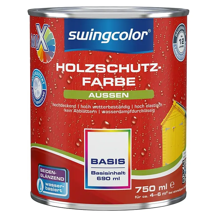 swingcolor Mix Holzschutzfarbe zum Mischen lassen - Basismischfarbe 4, 750 ml, Seidenglänzend - Dose Swingcolor Holzschutzfarbe für den Außenbereich in Rot. Wasserabweisend, seidenglänzend, wasserbasiert und langlebig. Inhalt: 750 ml.