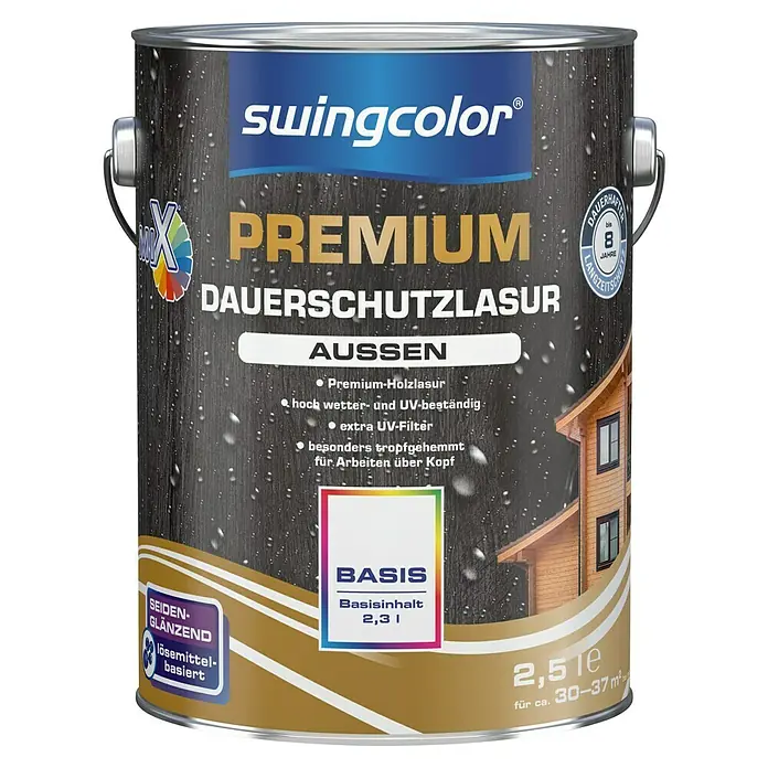 swingcolor Mix Dauerschutzlasur Premium zum Mischen lassen - Basismischfarbe 1, 2,5 l, Seidenglänzend - Dose Swingcolor Premium Dauerschutzlasur Aussen, eine Holzlasur für Außenbereiche, mit 2,5 Litern Inhalt und bis zu 8 Jahren Langzeitschutz.