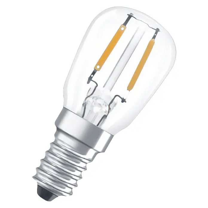 Osram LED-Lampe - E14, Nicht Dimmbar, Warmweiß, 110 lm, 10 W - Nahaufnahme einer klaren OSRAM LED-Filamentlampe mit E14-Sockel, die energieeffiziente Beleuchtung in einem kompakten Design bietet.