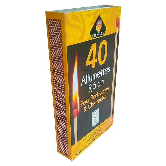 Fósforos largos - 40 ud., Fuego para chimenea y barbacoa - Una caja de fósforos Cheminett, perfecta para barbacoas y chimeneas, que contiene 40 fósforos con una longitud de 9,5 cm.