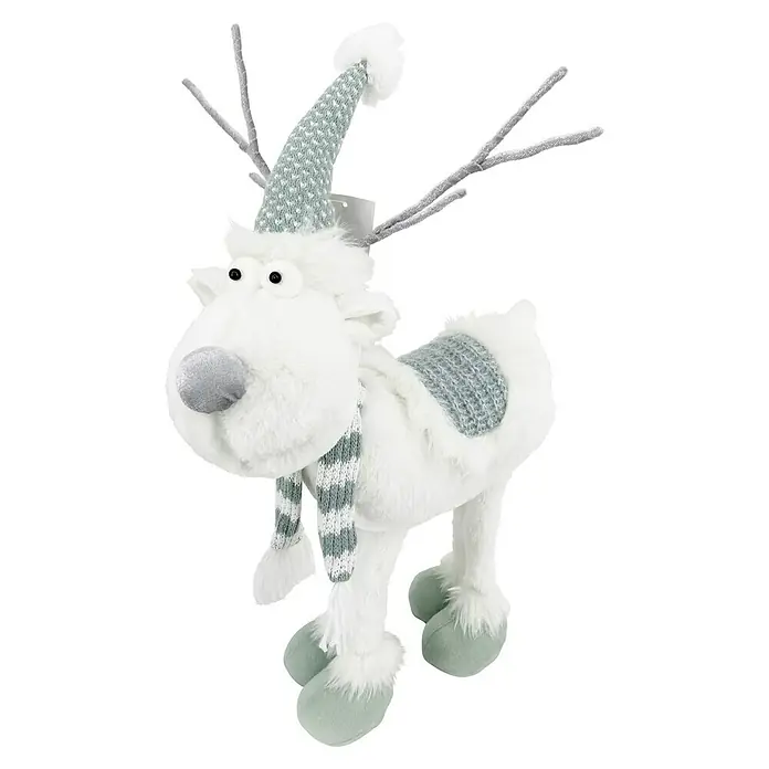 Figura decorativa Alce Gunnar - L x An x Al: 31 x 27 x 56 cm, Textil - Un lindo peluche de reno blanco con bufanda, gorro y astas grises, ideal como decoración festiva o regalo.
