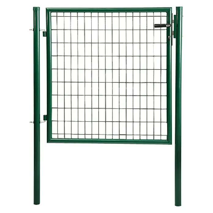 Puerta de valla Residencial - 100 x 100 cm, Verde, Metal - Primer plano de una puerta de malla metálica verde con postes robustos y un pestillo sencillo para el cierre seguro de la valla.