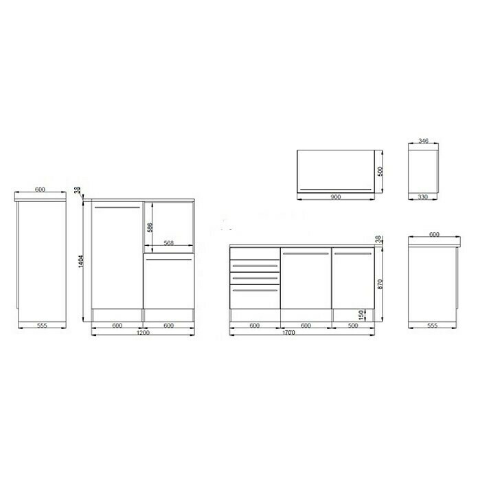 Respekta Premium Küchenbar GabrielBreite: 290 cm, Front: Weiß Hochglanz, Mit Elektrogeräten Sketch