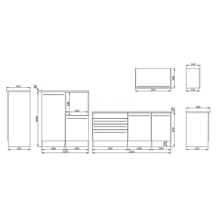 Respekta Premium KüchenzeileBreite: 320 cm, Ohne Elektrogeräte, Weiß Hochglanz Sketch