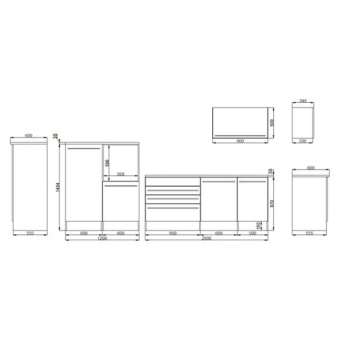 Respekta Küchenleerblock Gabriel - Breite: 320 cm, Weiß, Ohne Elektrogeräte - Schemazeichnung der Küchenmöbel mit Maßen für Planung und Montage.