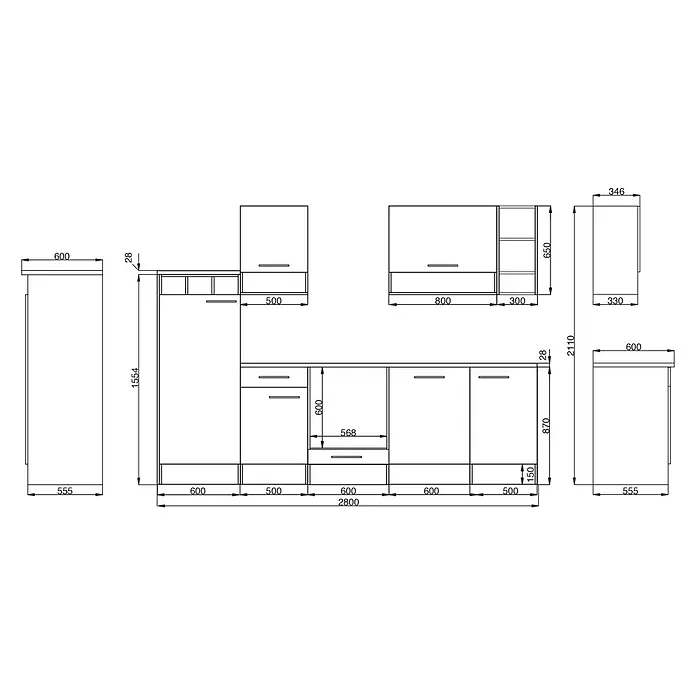 Respekta Composición de cocina Hilde - Ancho: 280 cm, Blanco, Con electrodomésticos - Vista superior de un plano de cocina con dimensiones precisas, que ilustra la disposición y el tamaño de los armarios y las superficies de trabajo.