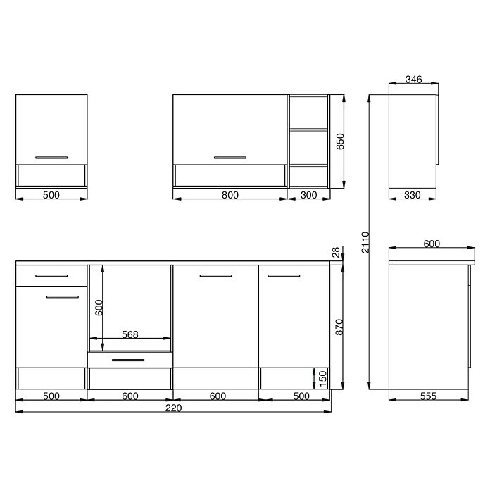 Respekta Singleküche BEKB220EGCBreite: 220 cm, Mit Elektrogeräten, Grau Sketch