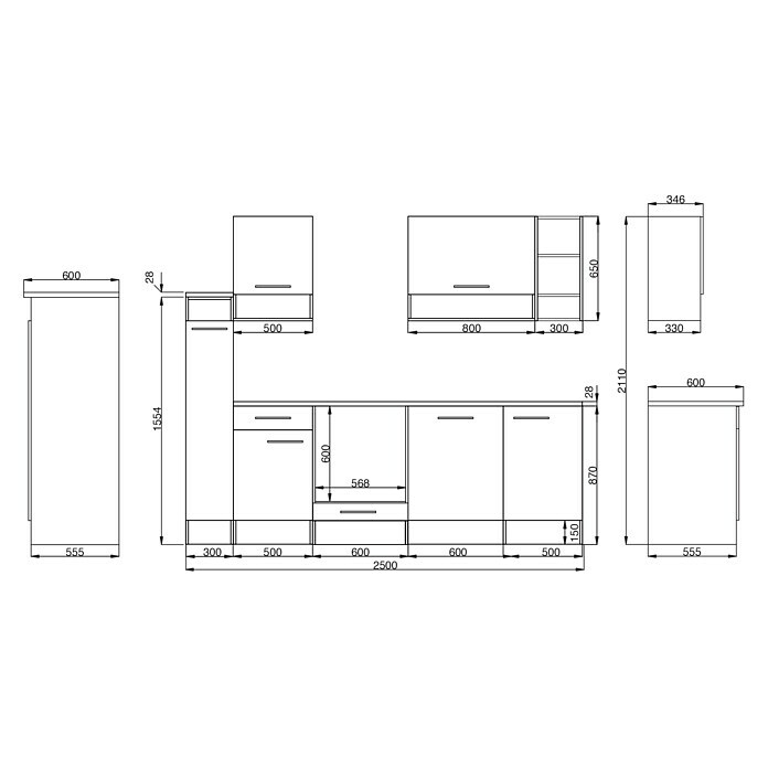 Respekta Küchenzeile BEKB250EWCBreite: 250 cm, Mit Elektrogeräten, Weiß Sketch