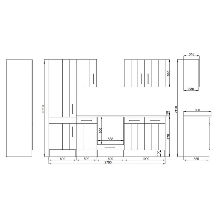 Respekta Premium Küchenzeile BERP270LHWCBreite: 270 cm, Mit Elektrogeräten, Lärche Weiß-Nachbildung Sketch