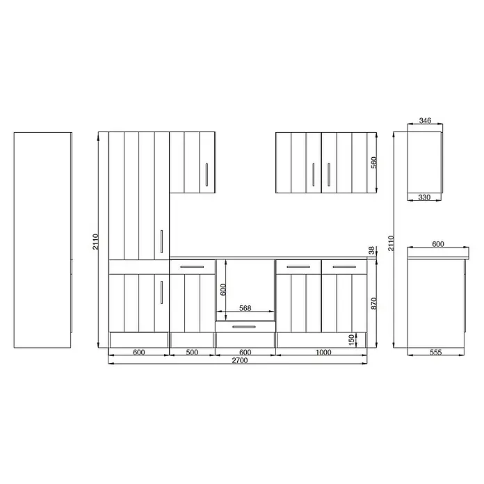 Respekta Premium Composición de cocina Anton - Ancho: 270 cm, Blanco, Con electrodomésticos - Ilustración del diseño de una cocina con medidas, incluyendo armarios y cajones para una planificación detallada.