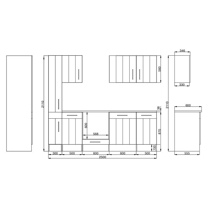 Respekta Premium Küchenzeile BERP250LHWCBreite: 250 cm, Mit Elektrogeräten, Lärche Weiß-Nachbildung Sketch