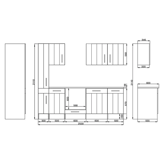 Respekta Premium Composición de cocina Anton - Ancho: 250 cm, Blanco, Con electrodomésticos - Un boceto detallado de un módulo de cocina con dimensiones precisas, que muestra la disposición y el tamaño de cada elemento.