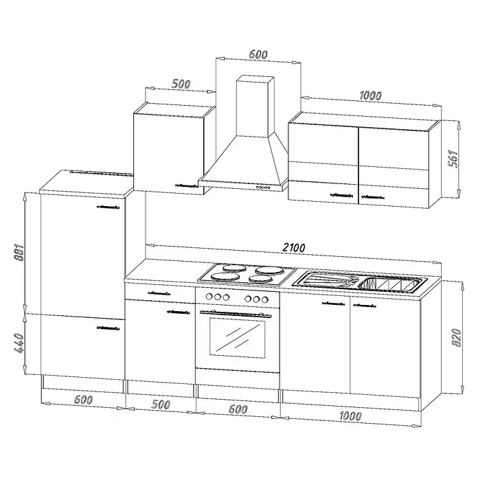 Respekta Singleküche Merle Typ 1 - Breite: 270 cm, Grau, Mit Elektrogeräten, Volumen Backofen: 72 l - Detaillierte Skizze einer modernen Küchenzeile mit genauen Maßangaben für Planung und Design.