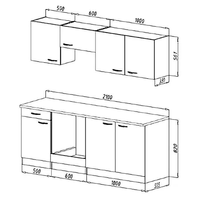 Respekta Singleküche Gerda - Breite: 210 cm, Grau, Mit Elektrogeräten, Volumen Backofen: 72 l - Skizze einer modernen Küchenzeile mit Hängeschränken und Unterschränken mit Schubladen und Regalen.