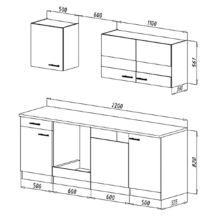 Respekta Singleküche Merle Typ 1 - Breite: 220 cm, Rot, Mit Elektrogeräten, Volumen Backofen: 60 l - Skizze einer Küchenzeile mit Maßen. Die Küchenschränke sind detailliert dargestellt.