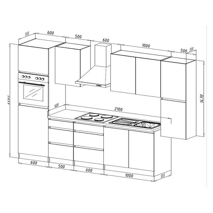 Respekta Premium Küchenzeile GLRP320HESG (Breite: 320 cm, Mit Elektrogeräten, Grau Hochglanz)