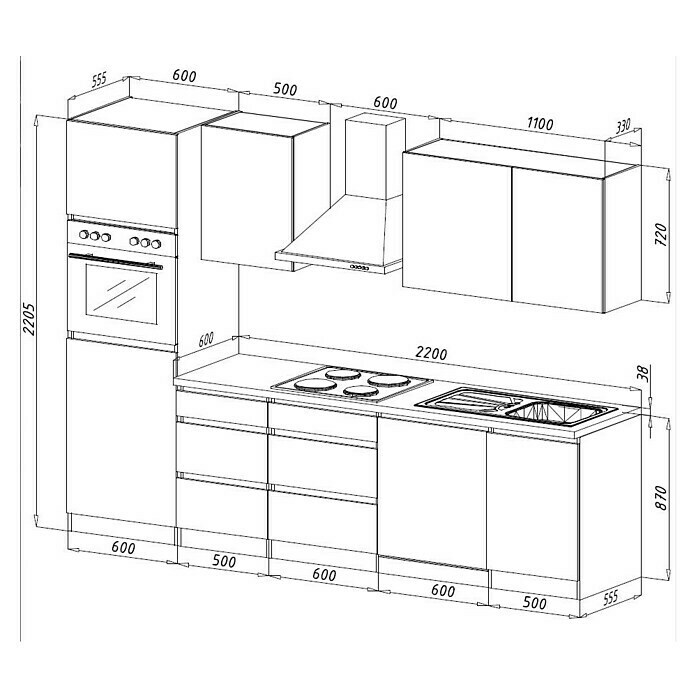 Respekta Premium Küchenzeile GLRP280HWWMBreite: 280 cm, Mit Elektrogeräten, Weiß matt Sketch