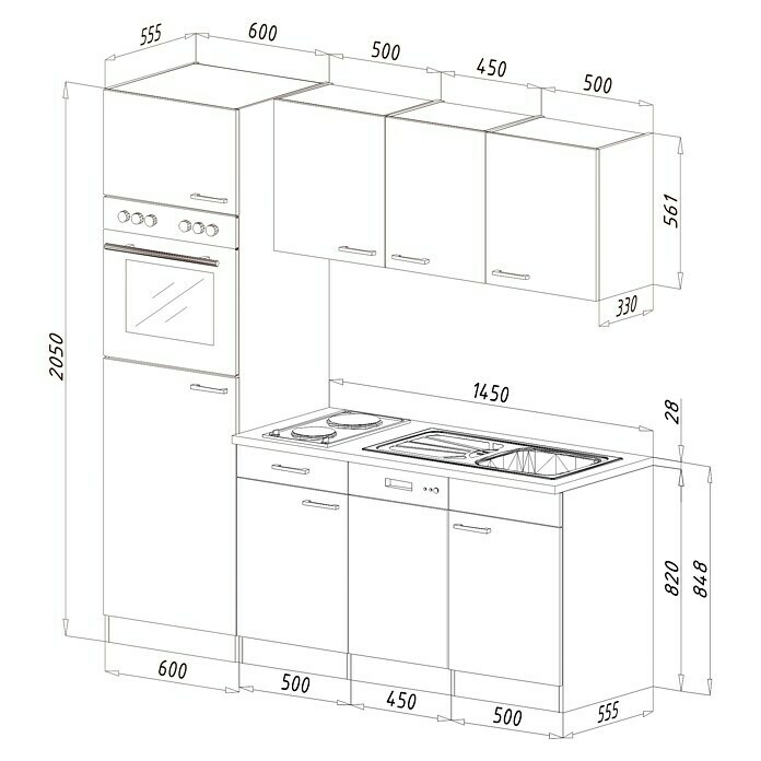 Respekta Singleküche KB205EYGCBreite: 205 cm, Mit Glaskeramikkochfeld, Eiche York-Nachbildung, Grau Sketch