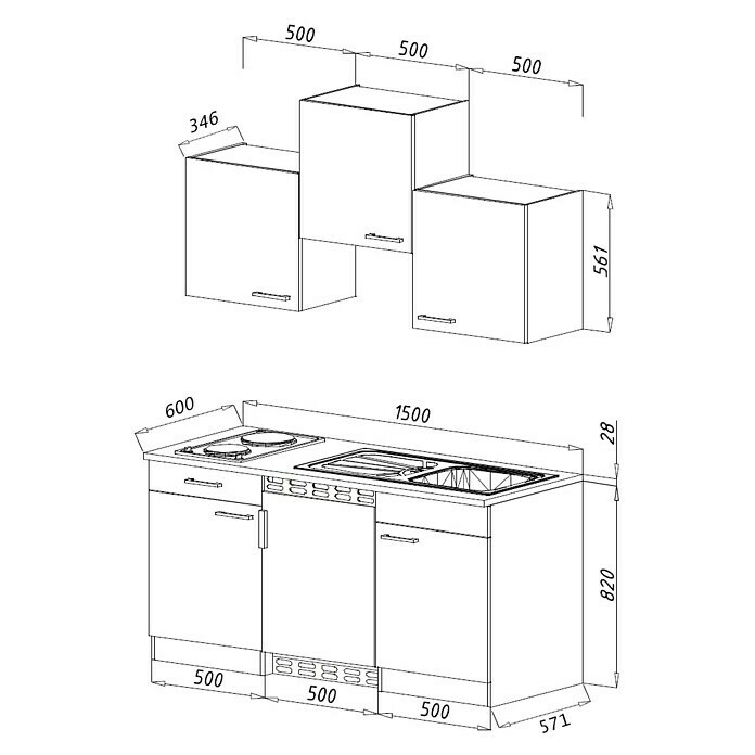 Respekta Singleküche KB150WWBreite: 150 cm, Mit Duo-Kochmulde, Weiß Sketch