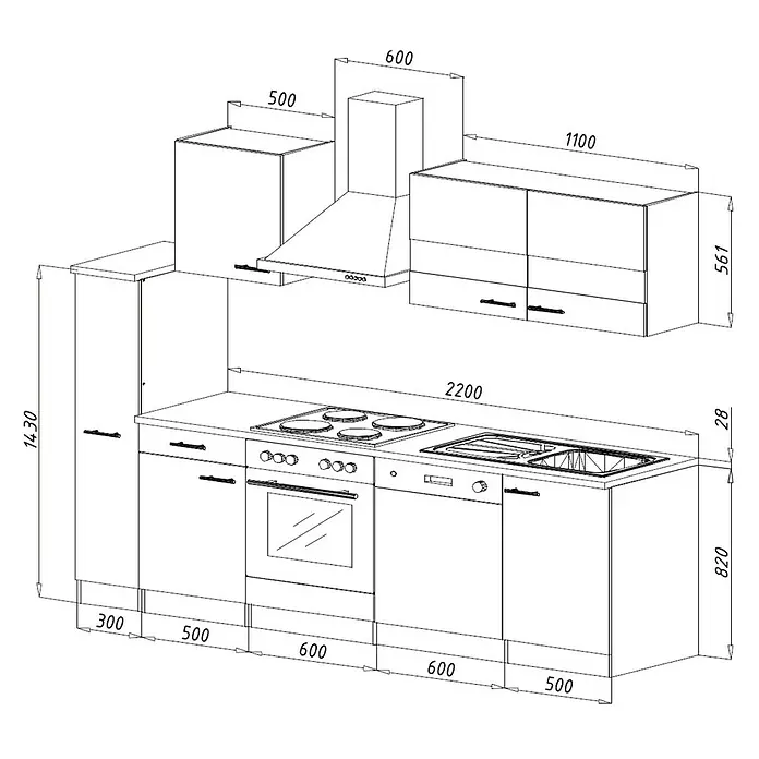 Respekta Singleküche Merle Typ 1 - Breite: 250 cm, Grau, Mit Elektrogeräten, Volumen Backofen: 72 l - Eine schematische Darstellung einer Küchenzeile mit Maßen für Planung oder Design, inklusive Schränke, Herd und Spüle.