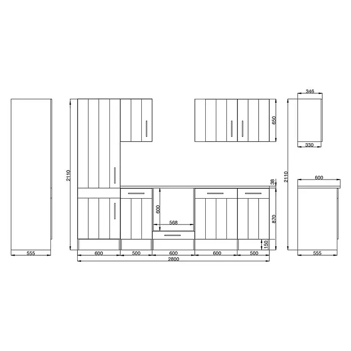 Respekta Premium Composición de cocina Anton - Ancho: 280 cm, Blanco, Con electrodomésticos - Boceto de cocina con dimensiones, detallando armarios, cajones y la distribución general.